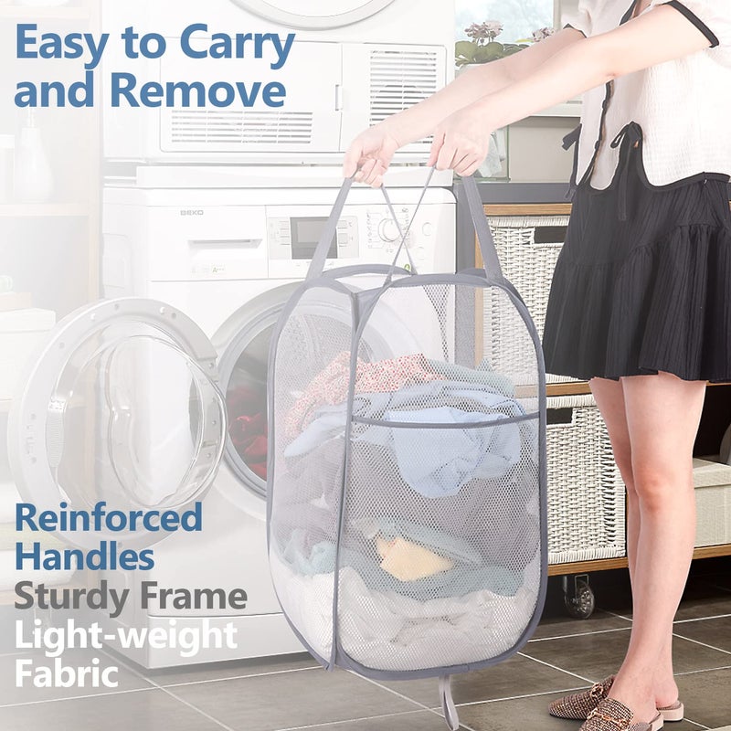 BATTOO Deluxe Strong Mesh Pop up Laundry Hamper Basket with Side Pocket for Laundry Room, Bathroom, Kids Room, College Dorm or Travel Grey - Image 3